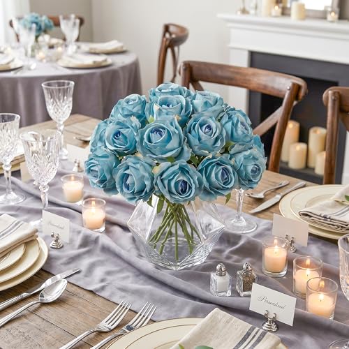 Ivydale 18pcs Blue Roses Artificial Flowers, Fake Roses Silk Flowers with Stems Realistic Bouquet for Mother's Day Wedding Party Home Decoration DIY Centerpiece Floral Romantic Gifts - color: Rose-blue