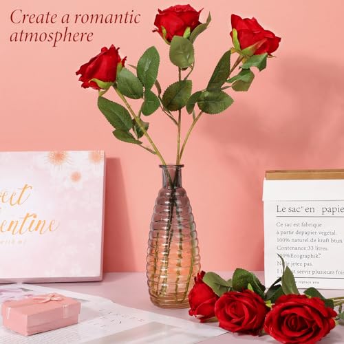 Hotop 20 Pcs Artificial Rose Flowers with Long Stem,Real Lifelike Silk Realistic Plastic Bouquet Roses Bulk for Home Decor Bridal Wedding Party Table Centerpieces Decorations(Red) - color: Red