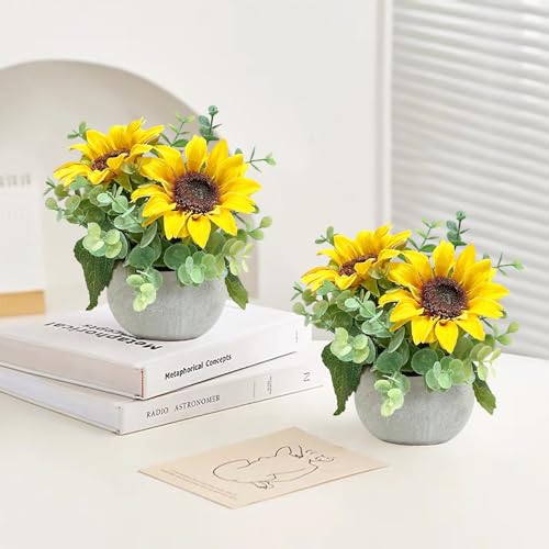 2 Pack Artificial Flowers with Pot, Silk Sunflowers with Eucalyptus Fake Potted Plants Sunflower Centerpieces for Tables Home Office Room Shelf Desk Plant Decor - color: 2 Pack Sunflowers