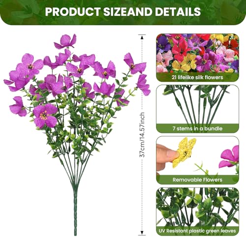 SHareconn 20 Bundles Artificial Flowers Outdoors Decoration, Fake Silk mums Eucalyptus Realistic UV Resistant Faux Plants for Outside Indoor Planter Porch Yard Home Spring Decor,6 Colors incl. Yellow - color: Redrosypurpledeeppurpleyellowpink