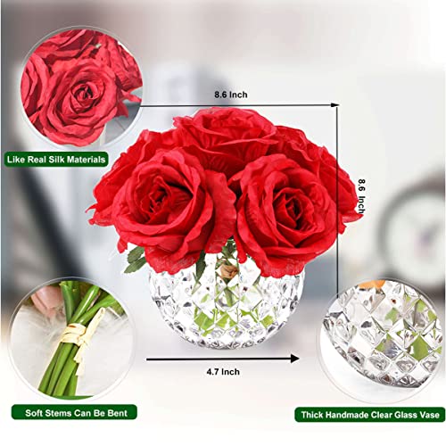 7 Large Stem Rose Red Artificial Flowers in Vase, Silk Flowers Arrangement in Round Glass Vase Without Water for Home Decor, Wedding Table (Red) - color: Red W/O Water