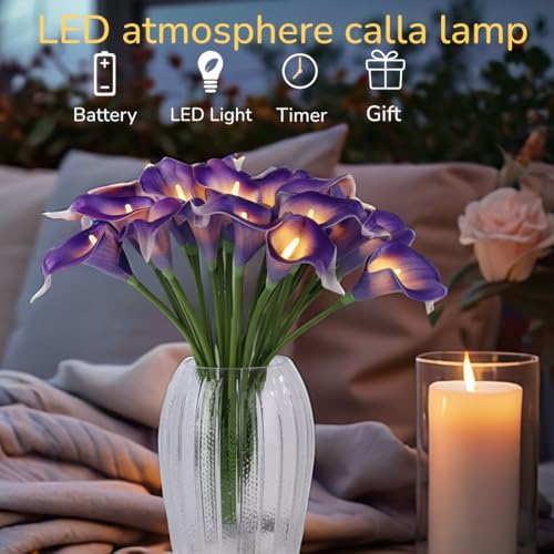 20 Stems Lighted Artificial Calla Lily Bouquet Light Faux Floarl Night Light Real Touch Flower Night Lamp LED Calla Lily lighted Artificial Flower for Holiday Gifts Home Kitchen Decor(Purple, No Vase) - color: Purple