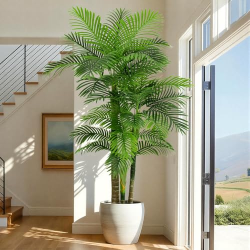 6FT Artificial Palm Tree - Tropical Faux Golden Cane Palm Tree UV Resistant Tall Fake Plant Indoor with Black Pot for Home Office Living Room Indoor Outdoor Decor Housewarming Gift