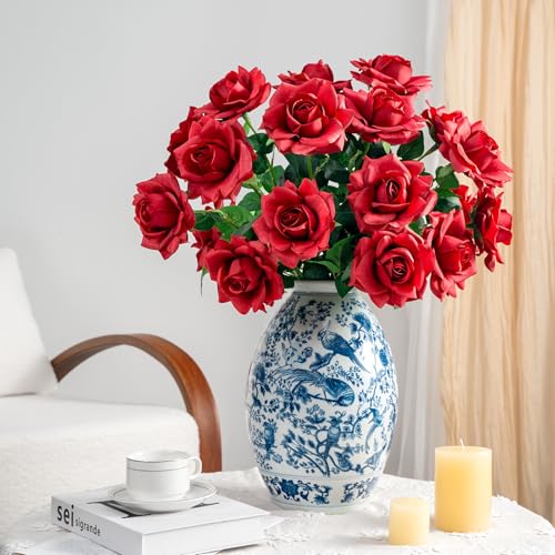 Artificial Flowers Artificial Roses Fake Roses 20PCS Long Stem Artificial Flowers for Tall Vase Silk Rose Suitable for Indoor Wedding Party Decor Valentine's Day DIY Bouquet Spring,Red, 23.2In - color: Red