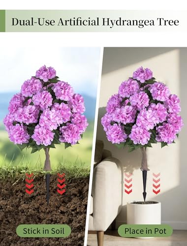 BLOSMON Hydrangea Topiary Trees Artificial - Outdoor 2 Packs 33" Pink Fake Flower Ball Tree for Front Porch Planters Urns Decor - 20 Heads Faux Hydrangea Bush Plants with Spike for Garden Yard Patio - color: Pink