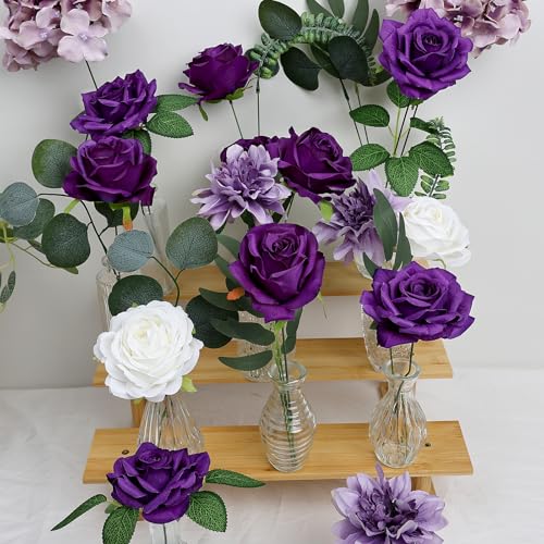 Artificial Flowers Combo Set, Fake Silk Floral Decor with Stems for DIY Roses Wedding Party Centerpieces Bridal Bouquets Cake Decorations Arrangements Indoor Outdoor Halloween(Purple) - color: Purple