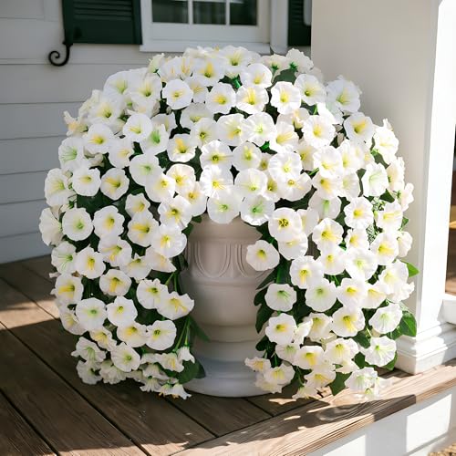 florisso ArtificialFlowers for Outdoor Decor, 2 Pcs Fake Silk White Morning Glory Long Vines UV Resistant Look Real for Home Porch Patio Balcony Planter Decoration - color: White
