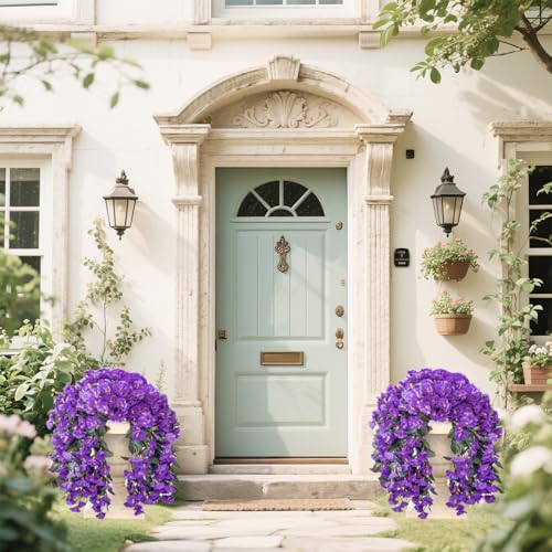 Artificial Flowers for Outdoors Fake Purple Morning Glory Hanging Flower Decoration, 2Pcs Realistic Faux Plants Petunias Long Trailing Vines,Spring Decor for Porch Patio Balcony Planter Yard - color: Morning Glory - Purple