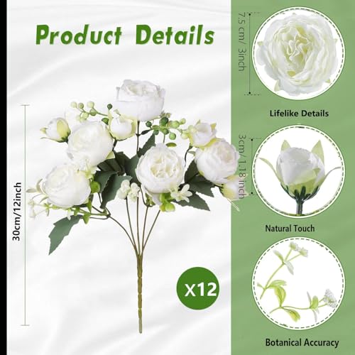 12 Bundles Peonies Artificial White Flowers Bouquet, Lifelike Silk Fake Peonies with Stems for Home Table Centerpieces, Wedding, Party & DIY Bridal Floral Arrangements (White) - color: White