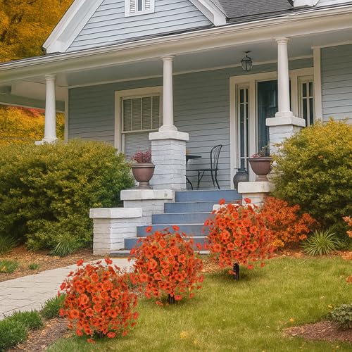 ICX 2 PCS Artificial Boxwood Topiary Ball Trees, 23.6" Outdoors Fake UV Resistant Plants with Fall Camellia Flowers Faux Eucalyptus Shrubs Bushes for Porch Patio Garden-Orange - color: Fall Orange