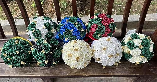Artificial PE Rose Bridal Bouquet (A-Emerald Green & White, 6.7"/17cm, 1 Count, Classic Style, Rose Variety, Wedding And Engagement) - color: A-emerald Green & White, size: 6.7"/17cm