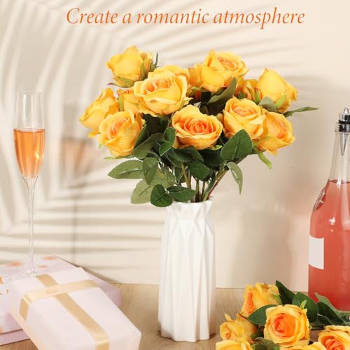 Hotop 20 Pcs Artificial Rose Flowers with Long Stem,Real Lifelike Silk Realistic Plastic Bouquet Roses Bulk for Home Decor Bridal Wedding Party Table Centerpieces Decorations(Orange) - color: Orange