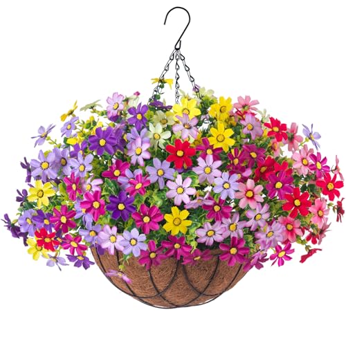 INXUGAO Artificial Flowers with Hanging Planter for Outdoor, Faux Silk Daisy UV Resistant Plants in Basket for Indoor Porch Garden Yard Spring Summer Decor(Rose Yellow) - color: Rose Yellow