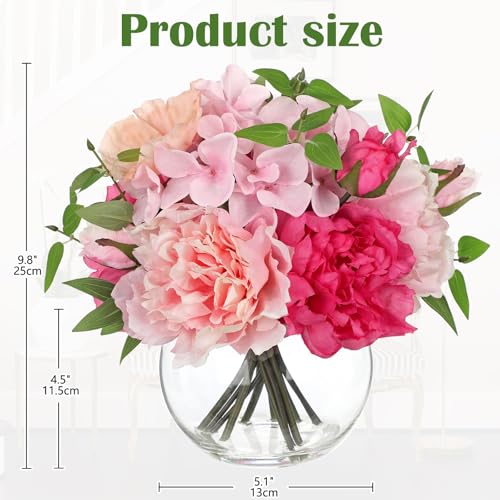 Artificial Flower in Vase, Faux Silk Flowers Arrangement Peony Hydrangea Poppy Eucalyptus Bouquet with Faux Water, Fake Floral Centerpiece for Dining Table Home Decor Wedding Office Shelf - Pink - color: Hot Pink