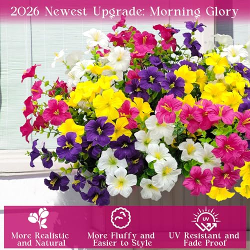 Artificial Flowers for Outdoors Decoration, 12 Bundles Fake Silk Morning Glory with Faux Plastic Eucalyptus UV Resistant for Outside Front Door Porch Planters Patio Garden Decor (MultiColor 1) - color: Multicolor 1