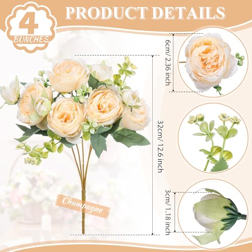 Crowye 4 Bundles Peonies Artificial Flowers Silk Faux Peonies Wedding Artificial Flower Bouquet for Table Centerpiece for Home Wedding Decor Bridal Floral Arrangement(Champagne) - color: Champagne