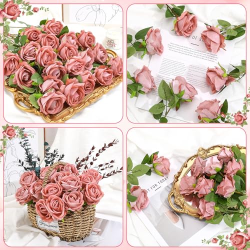 36 Pcs Velvet Silk Dusty Pink Rose Bouquet Bridal Artificial Flowers,Fake Rose Long Stem Realistic Flowers Bulk for Wedding Bouquet Ball Arrangement Centerpiece Party Decor - color: Dusty Pink