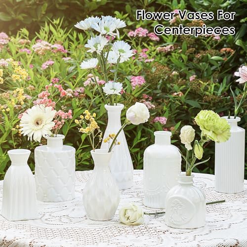 Vintage Small Glass Vases Set of 10,Mini Bud Vases for Flowers,Amber Glass Vases for Centerpieces,Wedding Decorations,Home Table Flower Decor (White) - color: White