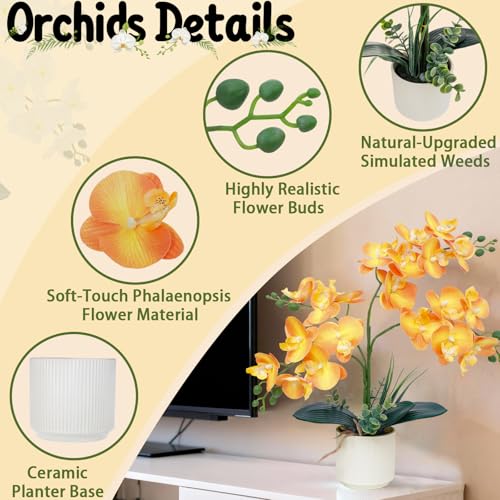 ucky Orange 15.7" 3D Lifelike Artificial Orchid Plant with 20 Heads, Realistic Faux Phalaenopsis in Ceramic Pot for Home Decor, Elegant Fake Flower Arrangement Table Centerpiece - color: Orange