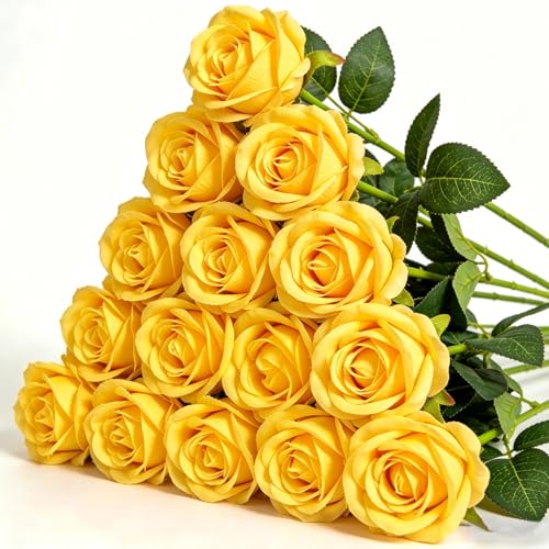 15PCS Artificial Flowers Fake Roses, Silk Artificial Yellow Roses with Stems Realistic Bouquets for Autumn Wedding Decorations Home Decor Party Crafts DIY - color: Yellow