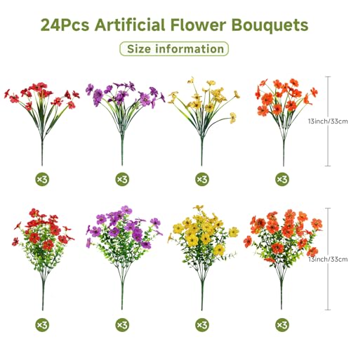 Alupssuc 24 Bundles Artificial Flowers for Outdoors Decoration, UV Resistant Silk Faux Floral Spring Summer Fake Plastic Plants Greenery for Outside Indoor Home Porch Window Box Decor, Mix 4 Colors - color: Red Purple Yellow Orange