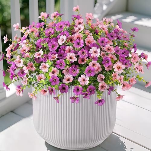 Ammyoo Artificial Fake Plants Flowers for Outdoor Spring Decor, 12 Bundles Faux Silk Mums for Planter Pot Colorful UV Resistant Look Real for Front Door Porch Patio Outside Yard(Purple Pink) - color: Purple Pink