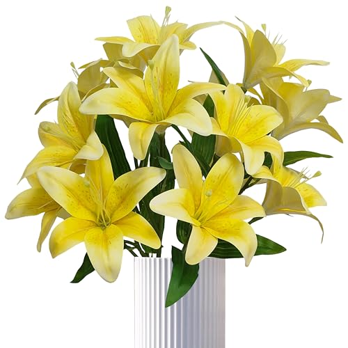 Artificial Lily Flowers,6 Pcs Faux Lily Flowers,23 Inch Long Stem Tiger Lily Branch with 3 Full Blooms and 4 Leaves, Latex Real Touch Lilium Flower for Wedding Bouquet (6, Yellow) - color: Yellow