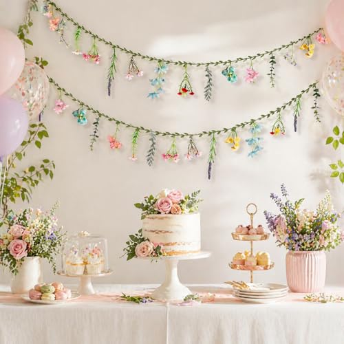 2 PCS 6.5 Ft Artificial Flower Banner Spring Wildflower Garland Hanging Flowers for Decoration Floral Backdrop for Bridal Shower Home - color: Green
