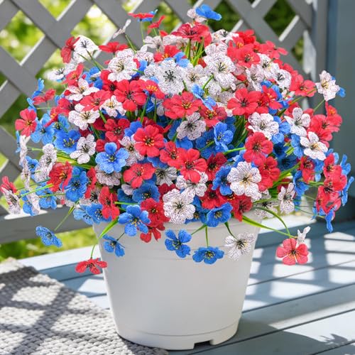Ammyoo 16 Pcs Artificial Fake Flowers for Outdoor Spring Decoration, Faux Flowers No Fade UV Resistant Silk Flower Plants for Outside Garden Yard Porch Patio Balcony Indoor Decor(Blue White Red) - color: Red White Blue
