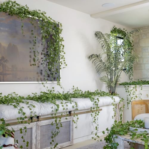 CQURE 14 Pack 98Ft Artificial Ivy Garland,Ivy Garland Fake Vines UV Resistant Green Leaves Fake Plants Hanging Vines for Home Kitchen Wedding Party Garden Wall Room Decor