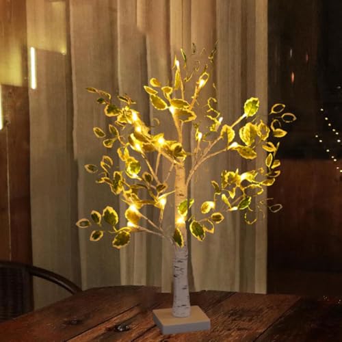 Green Leaf Birch Tree with LED Lights, 24 LED Warm Light Up Christmas Tree LED Fairy Spirit Tree Lamp with 3 AA Battery & USB Plug Light Up Table Top Artificial Tree for Wedding Home Christmas Décor - style: Green Leaf Birch Tree White