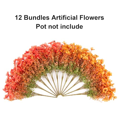 HyeFlora Artificial Fall Flowers Faux Mums for Outdoor Indoor Garden Home Decoration, Faux Flower Daisy with Eucalyptus Leaves Fake Mums Plants Greenery Boxwood Porch Patio, 12 Bundles - color: F Orangeyellow