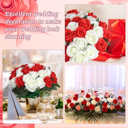 30pcs Fake Roses Artificial Silk Flowers Long Stems Bouquet for Wedding Bridal Shower Party Home Decoration (White + Red) - color: White + Red