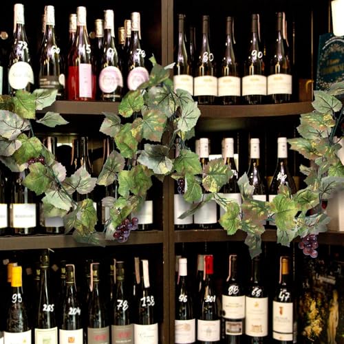 Artificial Grape Leaf Garland Vine Plant for Decoration Fake Greenery Garlands Hanging Leaves with Grapes for Wine Italian Themed Party Decor Wedding Photo Stage Favors(6.5 ft,Light Green) - color: Light Green, size: 6.5 ft