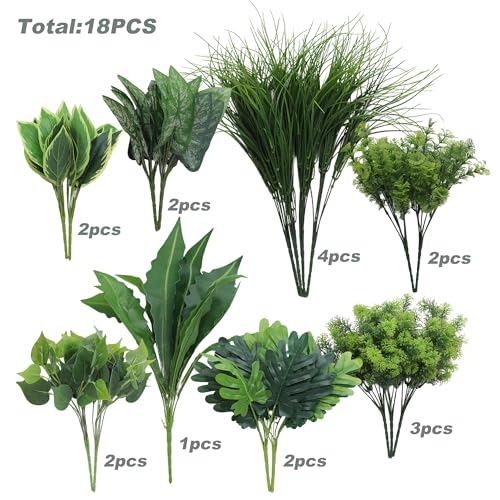 Green Moon 18PCS Artificial Plants Outdoor, Faux Greenery Stems for Outside | UV Resistant Faux Outdoor plants, Fake Shrubs Plants for Patio Garden, Front Porch, Window Box, Spring Summer Home Decor - color: Tropical