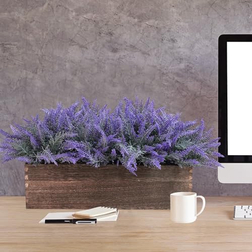 Winlyn 14" Artificial Lavender Flowers Plants in Rectangular Wooden Planter Box Faux Frosted Lavender Potted Arrangements Floral Centerpiece for Farmhouse Home Wedding Table Centerpiece Mantel Décor