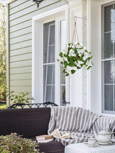 Briful Fake Hanging Basket Flowers, 27.5in Faux White Bougainvillea Flowers in Woven Rattan Planter with Cascading Vines for Home Garden Balcony Outdoor Porch Decor - color: White