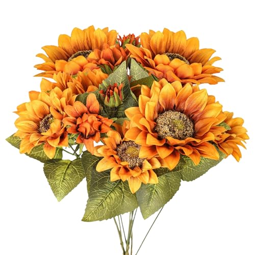 Artificial Sunflower Bouquet, 9 Heads, Silk Fabric with Iron Stems, Vintage Fall Style, Indoor Outdoor Wedding Party Home Garden Decor (Yellow) - color: Yellow