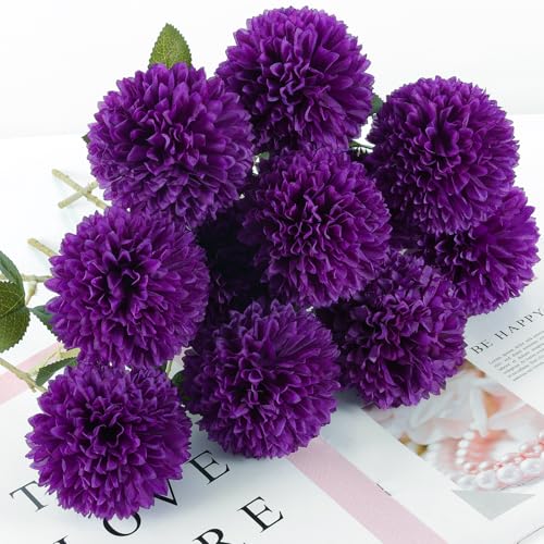 Hananona 12 Pcs Artificial Chrysanthemums Flowers Purple Flowers, Fake Mums Silk Vintage Flower for Home Decor Indoor Floral Arrangement Table Centerpiece (12, Purple) - color: Purple