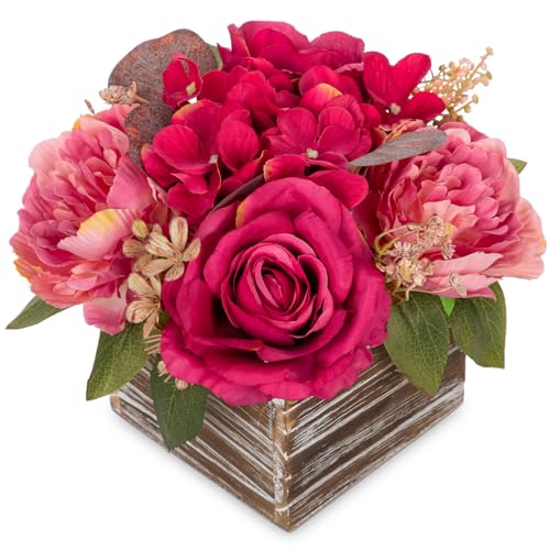 Flower Arrangement with Wooden Vase 8" Artificial Flowers in Pot - Fake Flowers Roses Peonies Hydrangeas in Wooden Vase Potted Artificial Flower Centerpieces for Table Decor Living Room - Hot Pink - color: 8"h Hot Pink