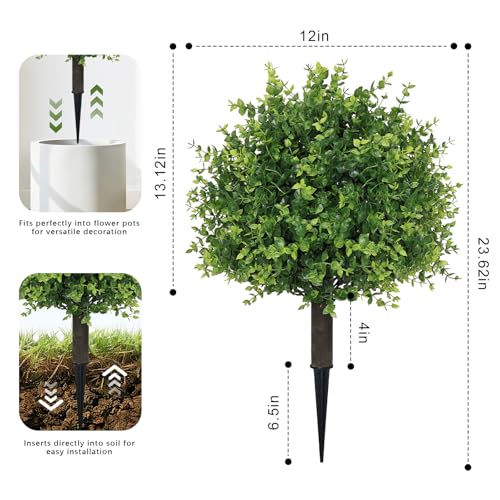 THE BLOOM TIMES Artificial Outdoor Eucalyptus Plants, UV Resistant Fake Bushes & Shrubs with Ground Spike, Faux Topiary for Front Porch Outside Planter Decor Set of 2, Overall 24" - color: Eucalyptus