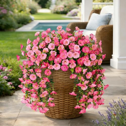 Ivydale 2 PCS Artificial Hanging Flowers Fake Plants Outdoor,Silk Morning Glory Faux Flowers with Eucalyptus Leaves,UV Resistant Realistic Hanging Plants for Home Garden Decor (Pink+Light Pink) - color: Pink+light Pink