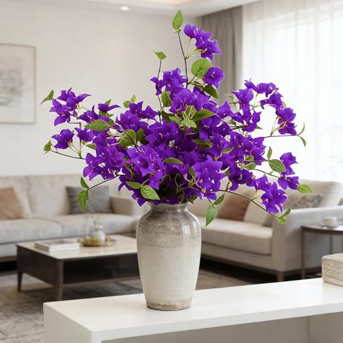 HCTCPALS Artificial Flowers for Outdoors 10 Pcs Bougainvillea Plant Realistic Silk Fake Flowers for UV Resistant Faux Plants Outdoor Indoor Outside Front Porch Hanging Planter Decoration-30” Purple - color: Bougainvillea Purple