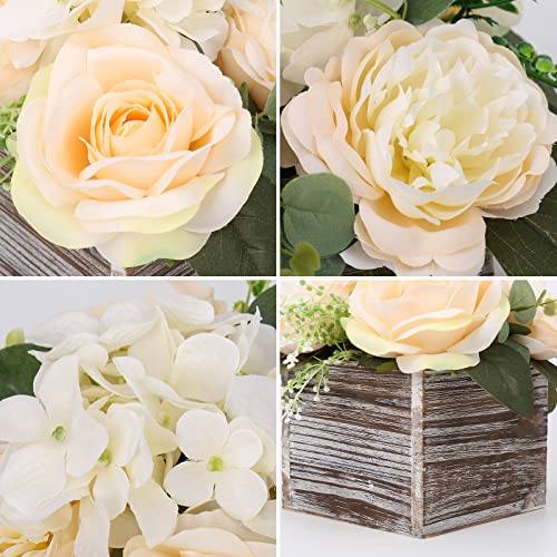 DILATATA Flower Arrangement with Wooden Vase 8" Artificial Flowers in Pot - Fake Flowers Roses Peonies Hydrangeas in Wooden Vase Potted Flower Centerpieces for Table Decor - Pale Yellow - color: 8"h Pale Yellow