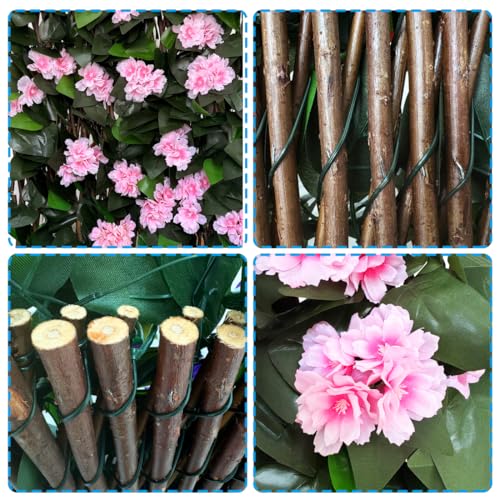 Expandable Fence Privacy Screen for Balcony Patio Outdoor,Decorative Faux Ivy Fencing Panel,Artificial Hedges - color: PINK FLOWER