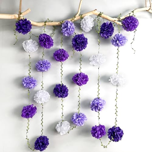 Ombre Purple White Party Decorations Lavender White Tissue Paper Flowers Pom Pom with Leaf Ribbon Hanging Garland Streamer for Birthday Baby Shower Bachelorette Wedding Lilac Violet Party Supplies - color: Purple