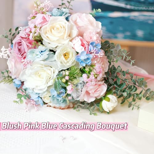 Large Pink Rose Bouquets for Bride Spring Summer Wedding Creamy Blue Blush Pink White Cascading Bridal Bouquet Artificial Silk Flower Boho Rustic Ceremony Anniversary Decor Toss Bouquet - color: Light Pink Blue