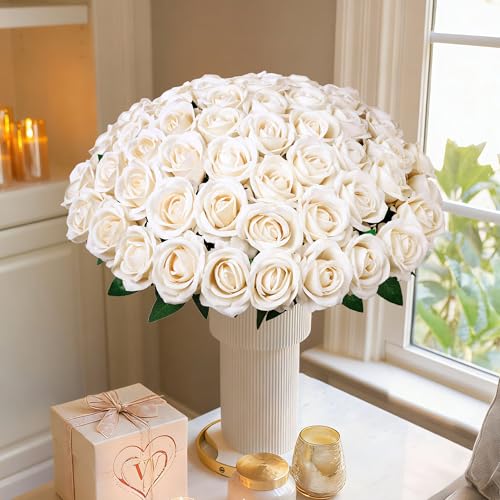 50 PCS Champagne Roses Artificial Flowers, Fake Roses with Stem Realistic Silk Rose for DIY Wedding Bouquets Table Centerpieces Arrangements Baby Shower Birthday Home Decor Valentines Day Gift for Her - color: Champagne
