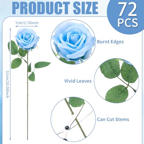 72 Pcs Artificial Roses Aqua Blue Fake Silk Roses Realistic Roses Faux Flower Indoor Wedding Home Decor, Birthday Decorations - color: Aqua Blue