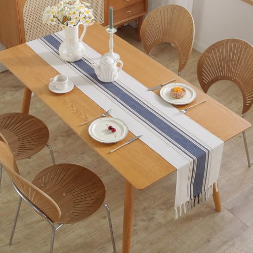 Niviy Blue Table Runner 72 Inches Long with Tassels, Summer Blue Decor Washable Embroidered Striped Braided Boho Table Runners for Wedding Bridal Baby Shower Decoration 12 x 72 Inches - color: Blue, size: 12 x 72 Inches